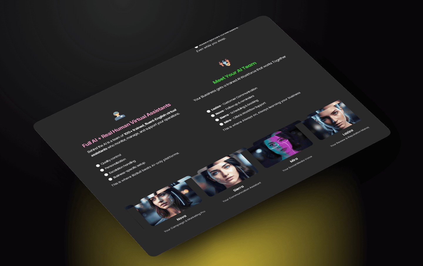 BizBull.ai website screenshot showing product benefits and lead handling