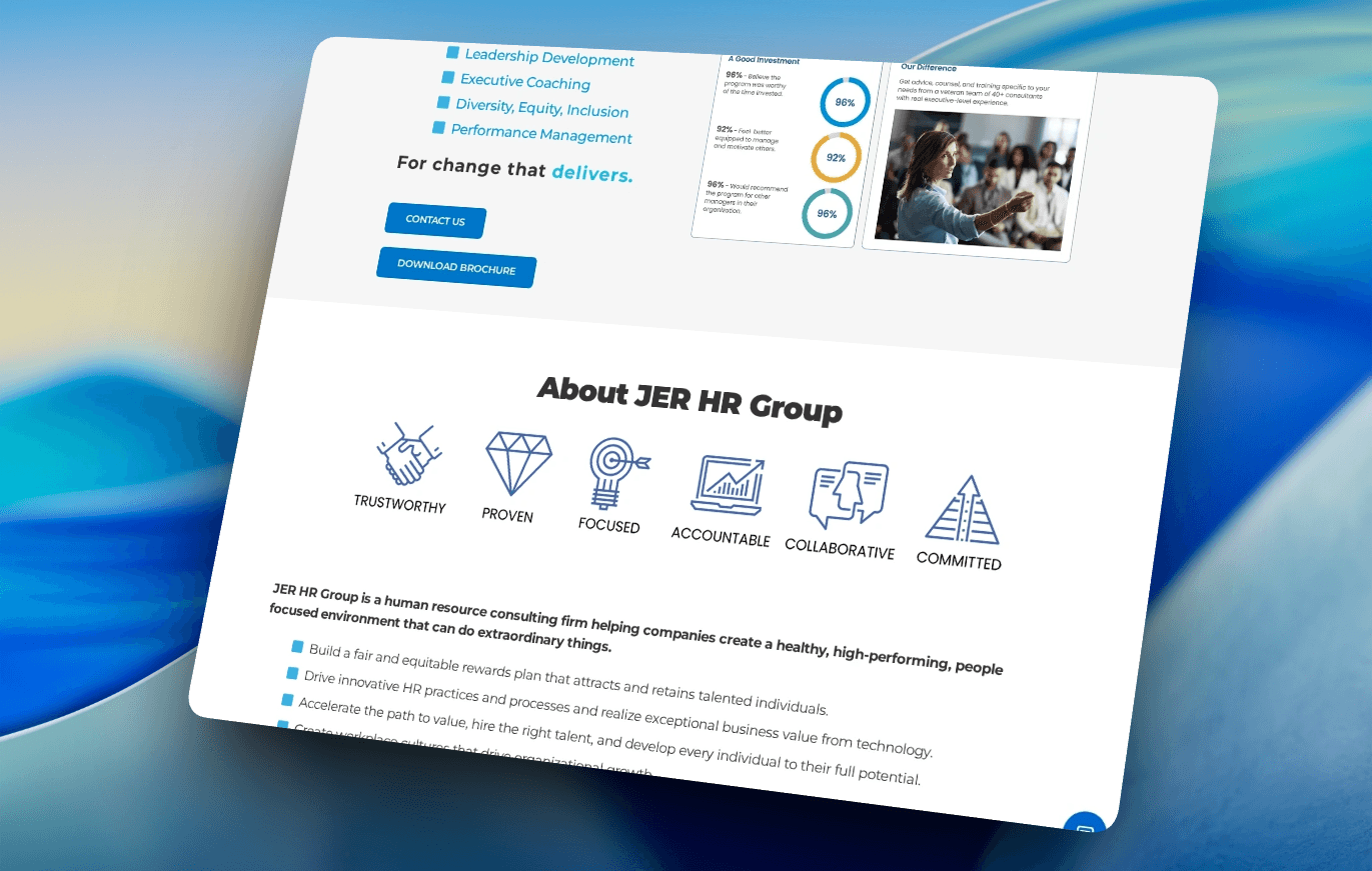 JER HR Group website screenshot showing consultant expertise and service content