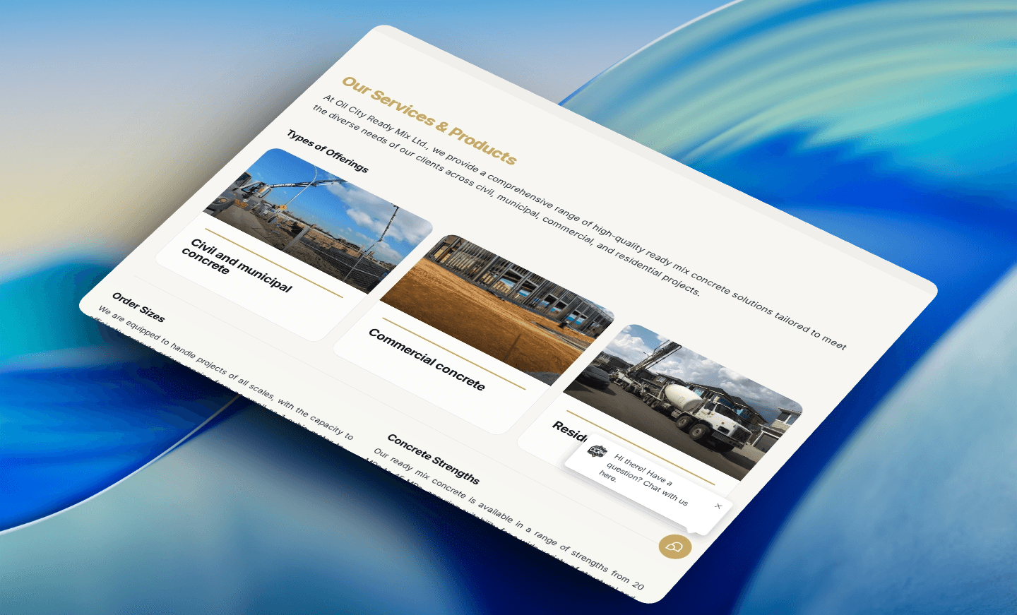 Oil City Ready Mix website screenshot showing concrete delivery and service details