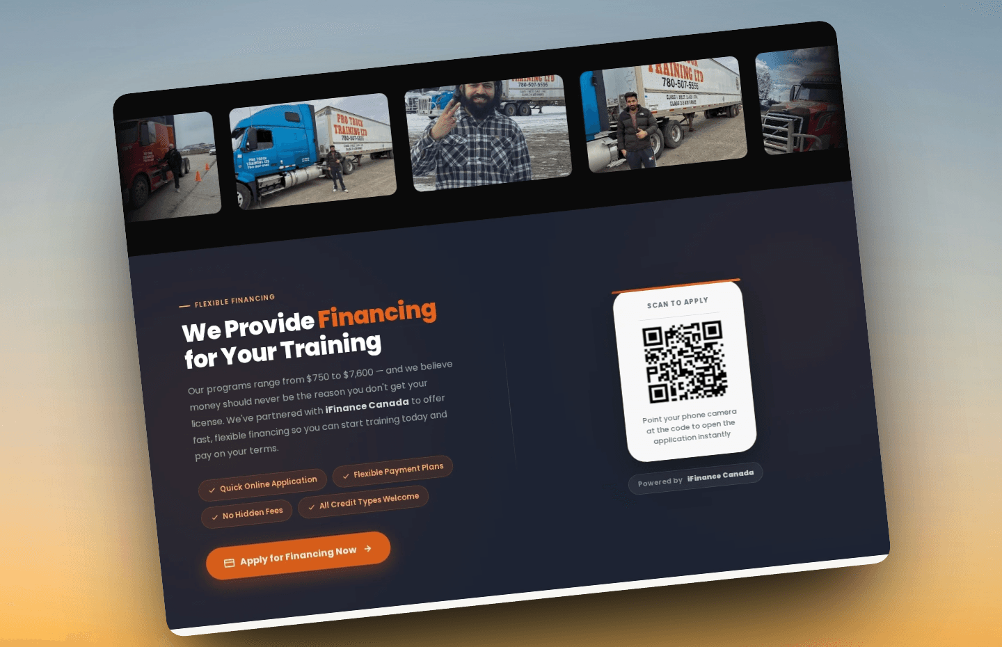 Pro Truck Training homepage screenshot showing course and enrollment content