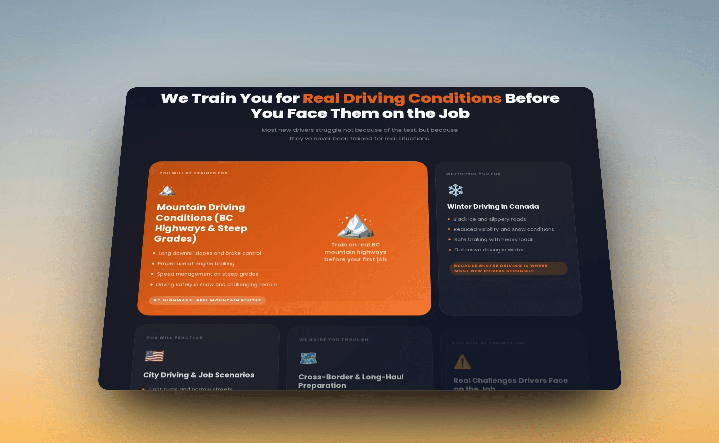 Pro Truck Training website screenshot showing trust and contact sections
